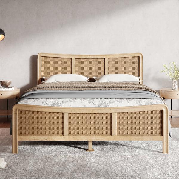 Gdf Studio Ravosilor Curved Wooden Bed Frame With Nature Rattan Headboard&Footboard