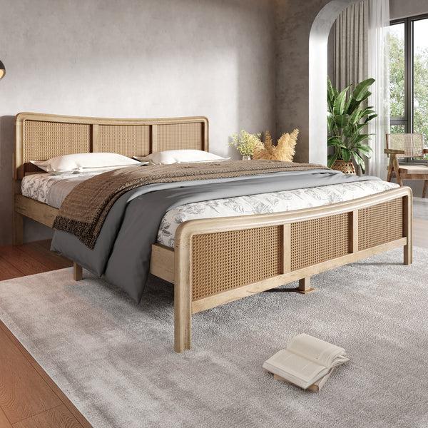 Gdf Studio Ravosilor Curved Wooden Bed Frame With Nature Rattan Headboard&Footboard