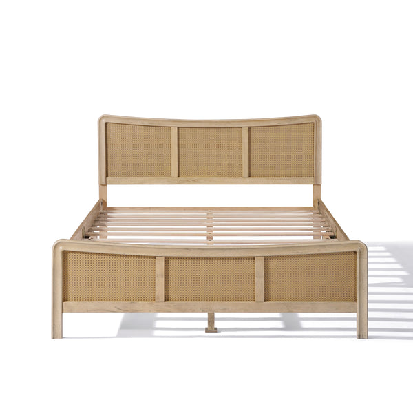 gdf studio Ravosilor Curved Wooden Bed Frame with Nature Rattan Headboard&Footboard