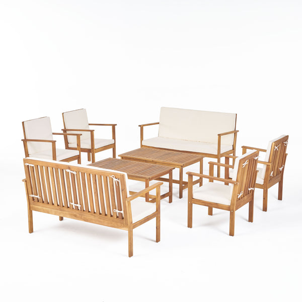 Gdf Studio Renata Outdoor Modern Acacia Wood 8 Seater Chat Set With Cushions