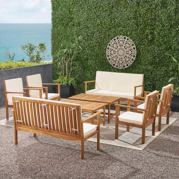 Gdf Studio Renata Outdoor Modern Acacia Wood 8 Seater Chat Set With Cushions