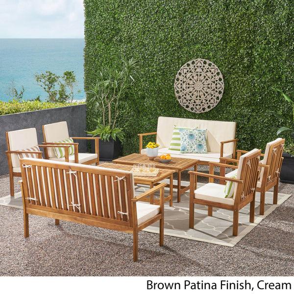Gdf Studio Renata Outdoor Modern Acacia Wood 8 Seater Chat Set With Cushions