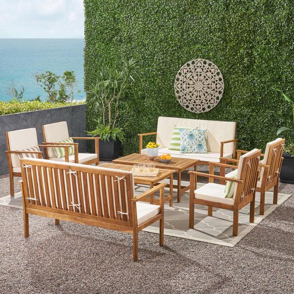 gdf studio Renata Outdoor Modern Acacia Wood 8 Seater Chat Set with Cushions