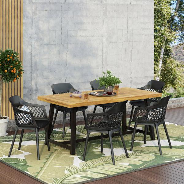 Gdf Studio Renata Outdoor Wood And Resin 7 Piece Dining Set Black And Sandblasted Teak