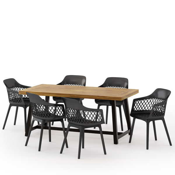 gdf studio Renata Outdoor Wood and Resin 7 Piece Dining Set Black and Sandblasted Teak