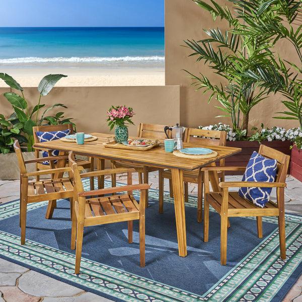 Gdf Studio Renee Outdoor 7 Piece Acacia Wood Dining Set Teak And Dark Brown