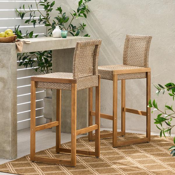Gdf Studio Resaca Outdoor Wicker Barstools Set Of 2 Light Multi-Brown And Teak