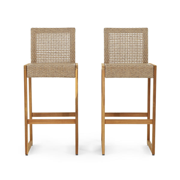 gdf studio Resaca Outdoor Wicker Barstools Set of 2 Light Multi-Brown and Teak