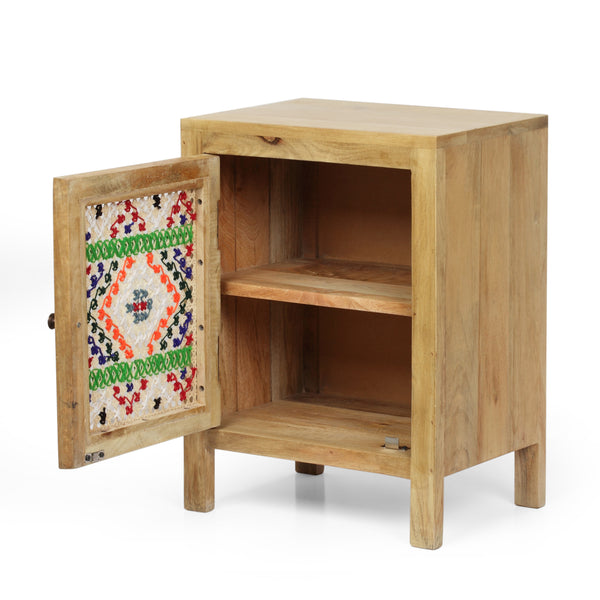 Gdf Studio Reser Boho Handcrafted Mango Wood Nightstand With Wool Accents Natural And Multi-Colored
