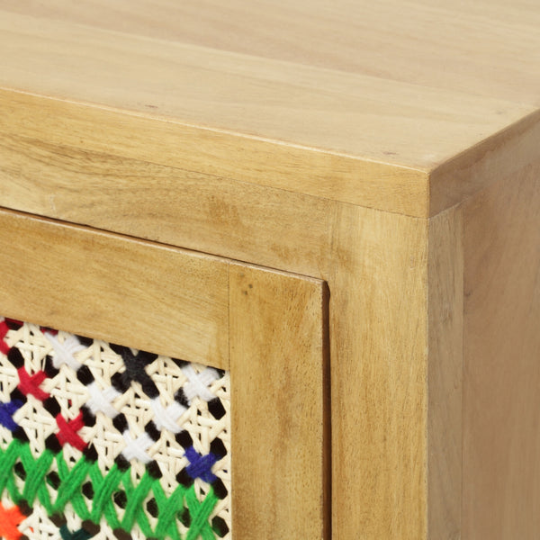 Gdf Studio Reser Boho Handcrafted Mango Wood Nightstand With Wool Accents Natural And Multi-Colored