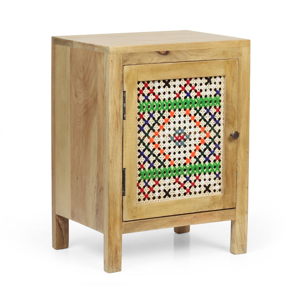 gdf studio Reser Boho Handcrafted Mango Wood Nightstand with Wool Accents Natural and Multi-Colored