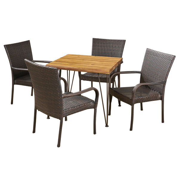 Gdf Studio Rhys Outdoor Farmhouse Wood And Wicker 5 Piece Square Dining Set