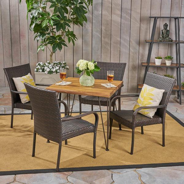 gdf studio Rhys Outdoor Farmhouse Wood and Wicker 5 Piece Square Dining Set