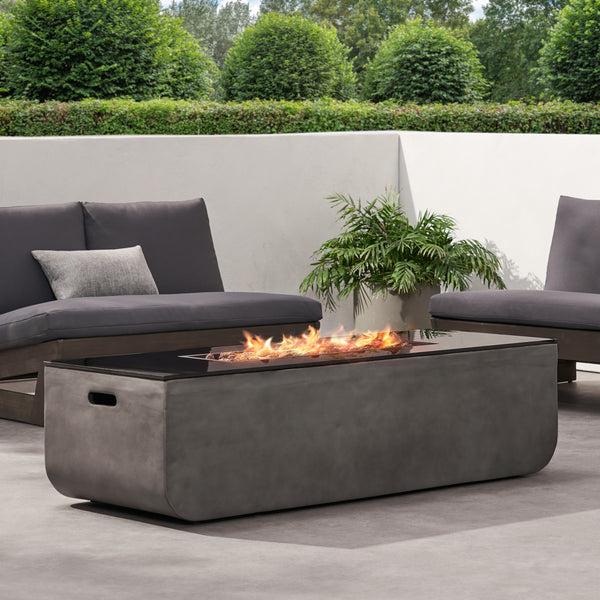 Gdf Studio Riga Outdoor 50 000 BTU Lightweight Concrete And Ceramic Rectangular Fire Pit (No Tank Holder) Light Gray And Black