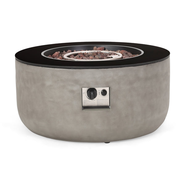 gdf studio Riga Outdoor 50 000 BTU Lightweight Concrete and Ceramic Circular Fire Pit (No Tank Holder) Light Gray and Black