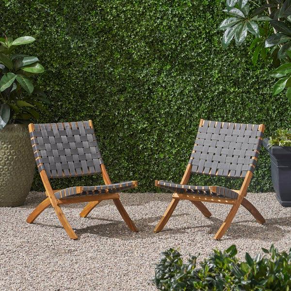 Gdf Studio Riley Outdoor Acacia Wood Foldable Chairs (Set Of 2) Brown Patina And Gray Straps