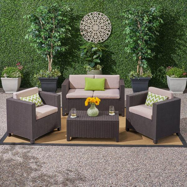 Gdf Studio Riley Outdoor All Weather Faux Wicker 4 Seater Chat Set With Cushions