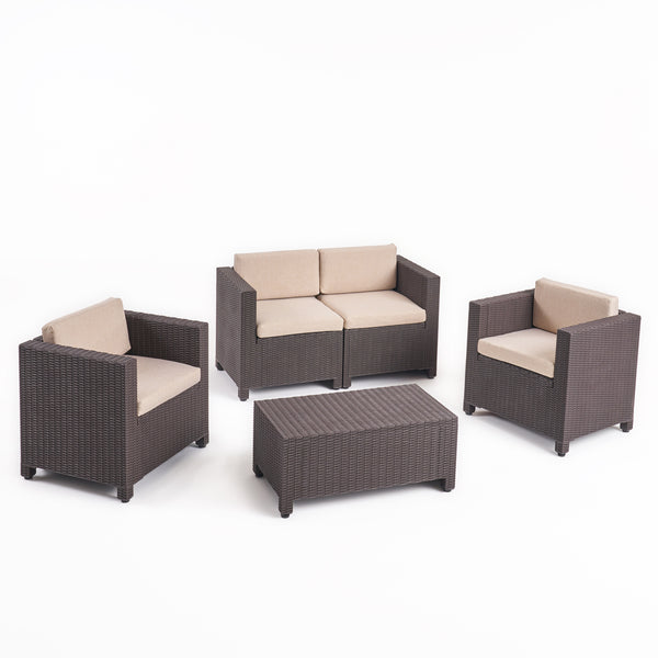 gdf studio Riley Outdoor All Weather Faux Wicker 4 Seater Chat Set with Cushions
