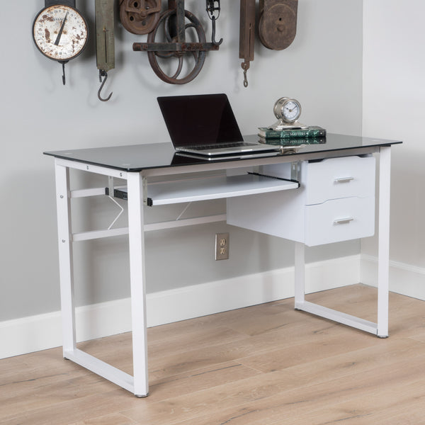 Gdf Studio Rivendell Modern Black And White Iron Office Desk With Tempered Glass Top