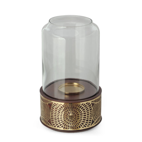 gdf studio Rivet Boho Handcrafted Mango Wood Hurricane Candle Holder Natural and Nickel