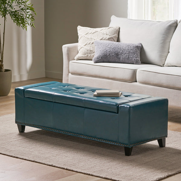 Gdf Studio Robin Studded Teal Leather Storage Ottoman Bench