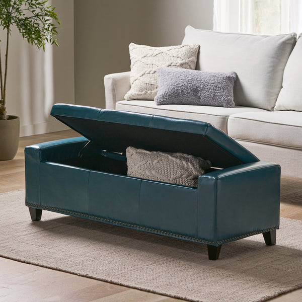 Gdf Studio Robin Studded Teal Leather Storage Ottoman Bench