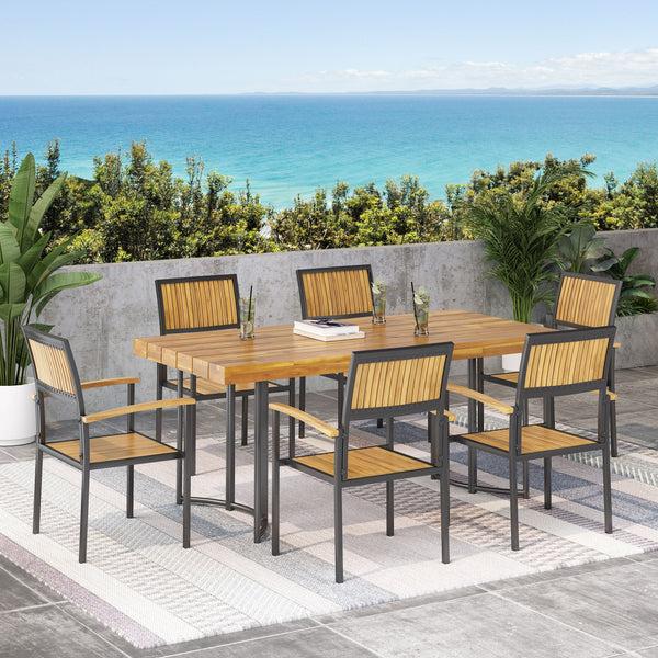 Gdf Studio Rocio Outdoor Modern Industrial 7 Piece Acacia Wood Dining Set