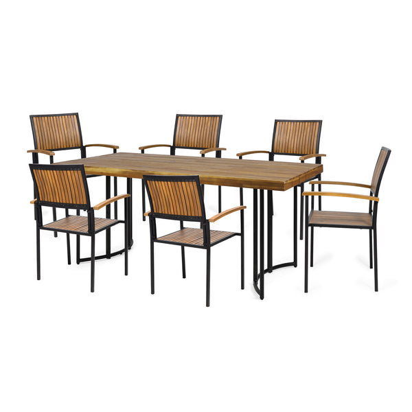 gdf studio Rocio Outdoor Modern Industrial 7 Piece Acacia Wood Dining Set