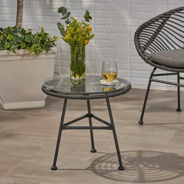 Gdf Studio Rodney Outdoor Woven Faux Rattan Side Table With Glass Top