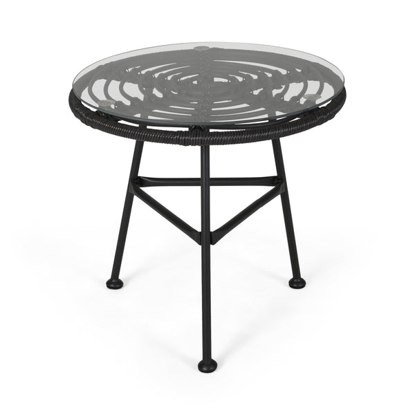 Gdf Studio Rodney Outdoor Woven Faux Rattan Side Table With Glass Top