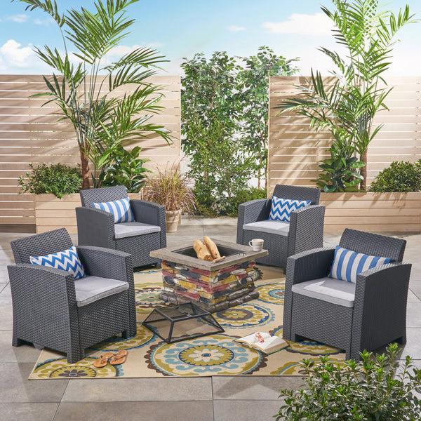 Gdf Studio Rohirrim Outdoor 4-Seater Wicker Print Chat Set With Wood Burning Fire Pit