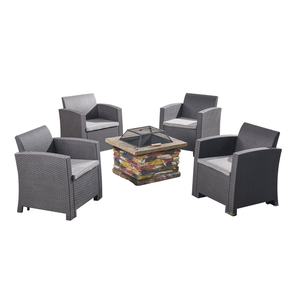 gdf studio Rohirrim Outdoor 4-Seater Wicker Print Chat Set with Wood Burning Fire Pit