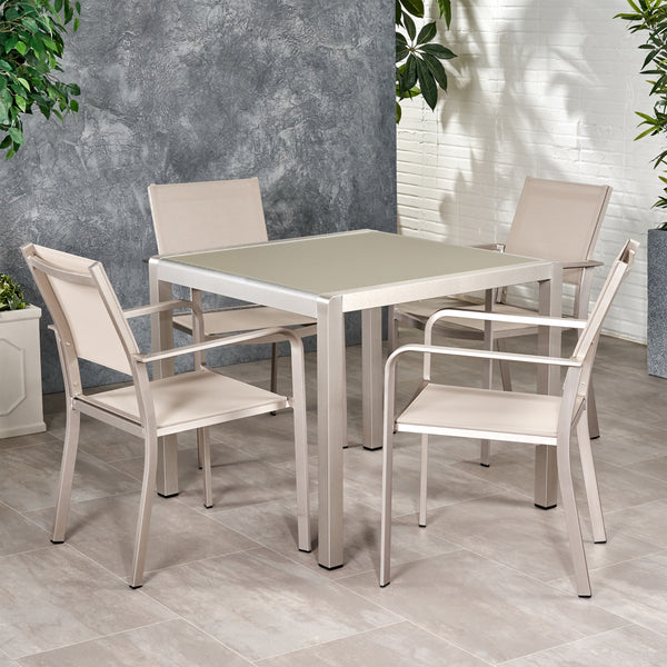 Gdf Studio Rorik Outdoor Modern 4 Seater Aluminum Dining Set With Tempered Glass Table Top