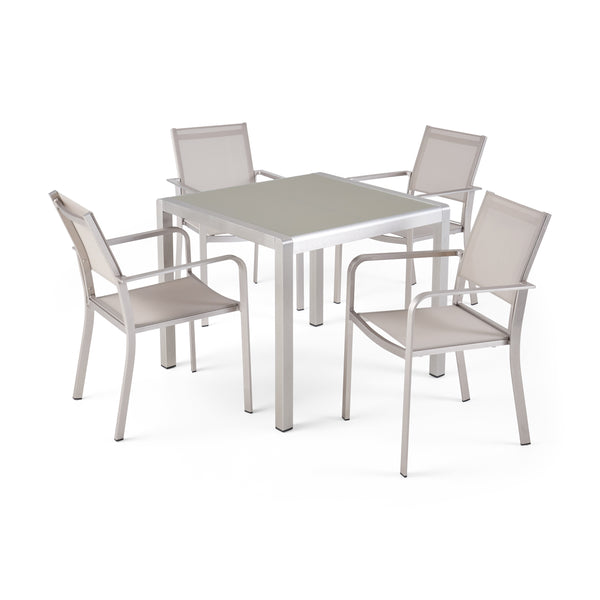 gdf studio Rorik Outdoor Modern 4 Seater Aluminum Dining Set with Tempered Glass Table Top