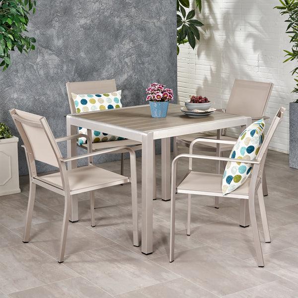 gdf studio Rorik Outdoor Modern 4 Seater Aluminum Dining Set with Faux Wood Table Top
