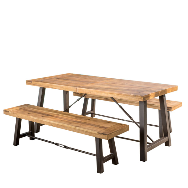 gdf studio Rosario Rustic Industrial Outdoor Teak Finish Acacia Wood Picnic Dining Set