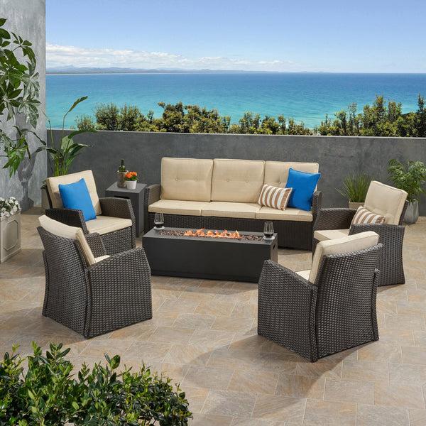 Gdf Studio Roswell Outdoor 7 Seater Wicker Chat Set With An Iron Fire Pit