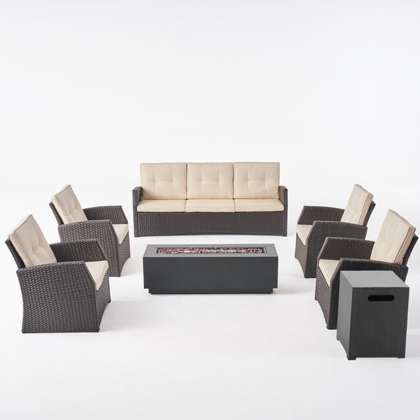 gdf studio Roswell Outdoor 7 Seater Wicker Chat Set with An Iron Fire Pit