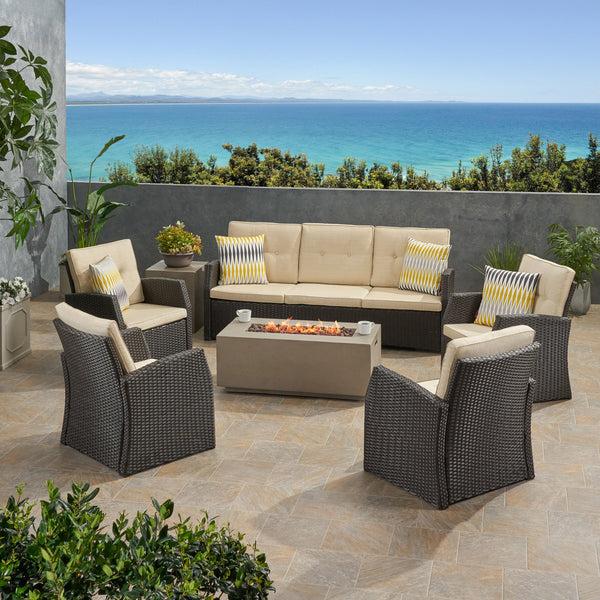 Gdf Studio Roswell Outdoor 7 Seater Wicker Chat Set With Light Weight Concrete Fire Pit
