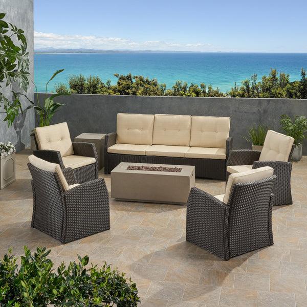 Gdf Studio Roswell Outdoor 7 Seater Wicker Chat Set With Light Weight Concrete Fire Pit