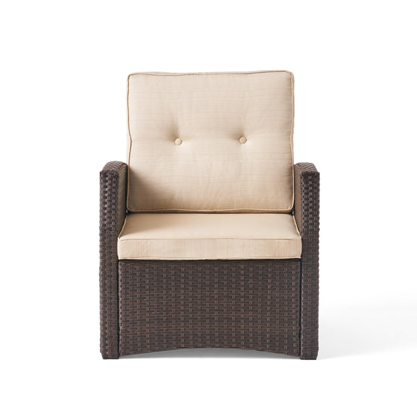 Gdf Studio Roswell Outdoor 7 Seater Wicker Chat Set With Light Weight Concrete Fire Pit