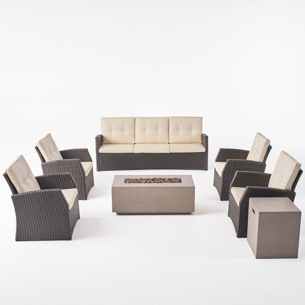 gdf studio Roswell Outdoor 7 Seater Wicker Chat Set with Light Weight Concrete Fire Pit