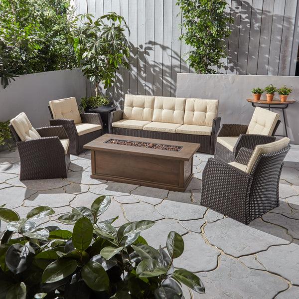 Gdf Studio Roswell Outdoor 7 Seater Wicker Chat Set With Wood Finished Fire Pit