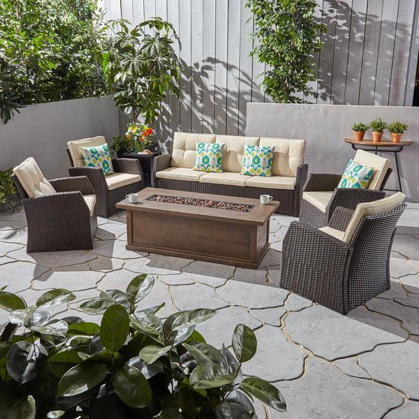 Gdf Studio Roswell Outdoor 7 Seater Wicker Chat Set With Wood Finished Fire Pit