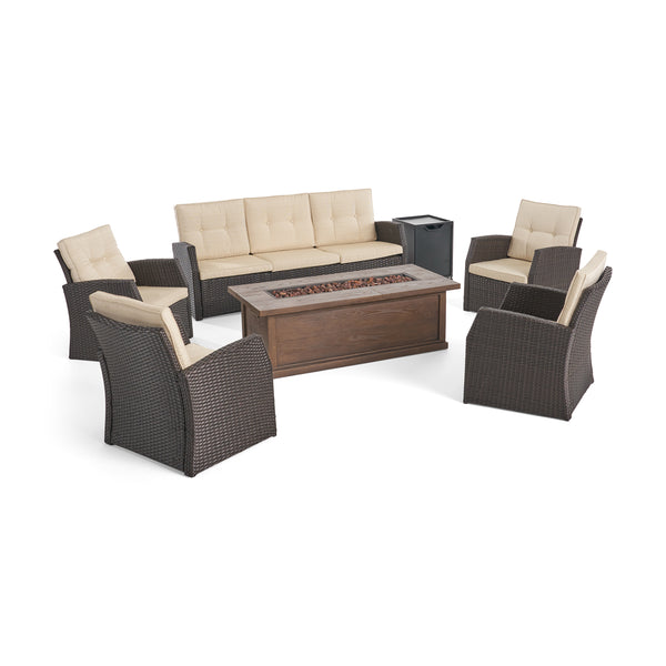 gdf studio Roswell Outdoor 7 Seater Wicker Chat Set with Wood Finished Fire Pit