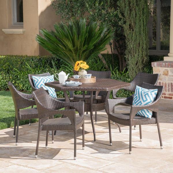 Gdf Studio Rosy Outdoor 7 Piece Wicker Hexagon Dining Set With Stacking Chairs
