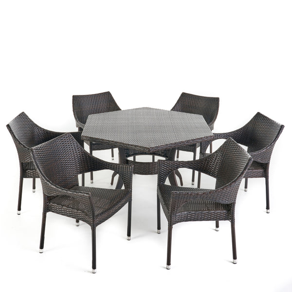 gdf studio Rosy Outdoor 7 Piece Wicker Hexagon Dining Set with Stacking Chairs
