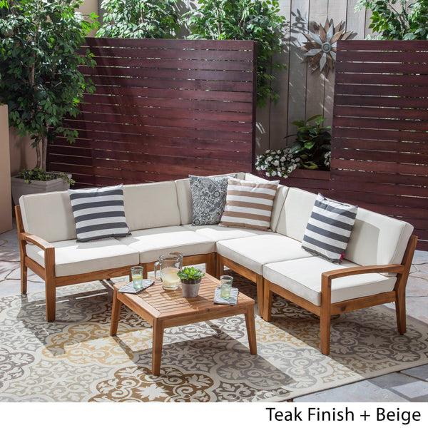 Gdf Studio Roy Outdoor Acacia Wood 5 Seater Sectional Sofa Set With Coffee Table
