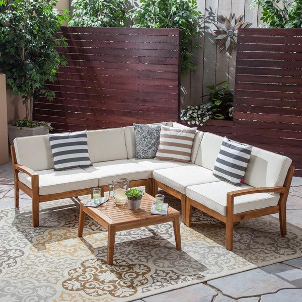 Gdf Studio Roy Outdoor Acacia Wood 5 Seater Sectional Sofa Set With Coffee Table