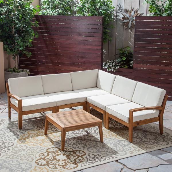 Gdf Studio Roy Outdoor Acacia Wood 5 Seater Sectional Sofa Set With Coffee Table